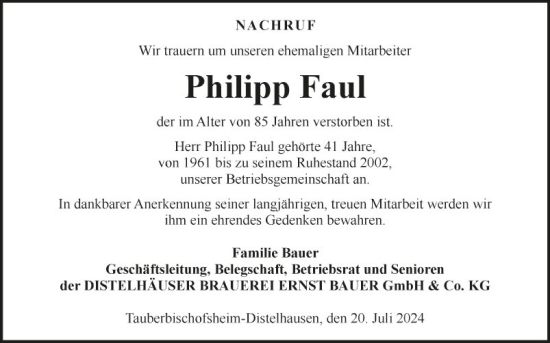Traueranzeige von Philipp Faul von Fränkische Nachrichten