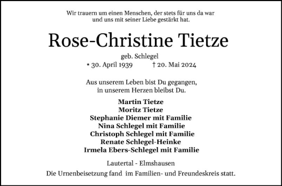 Traueranzeige von Rose-Christine Tietze von Bergsträßer Anzeiger