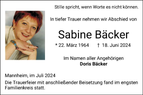 Traueranzeige von Sabine Bäcker von Mannheimer Morgen