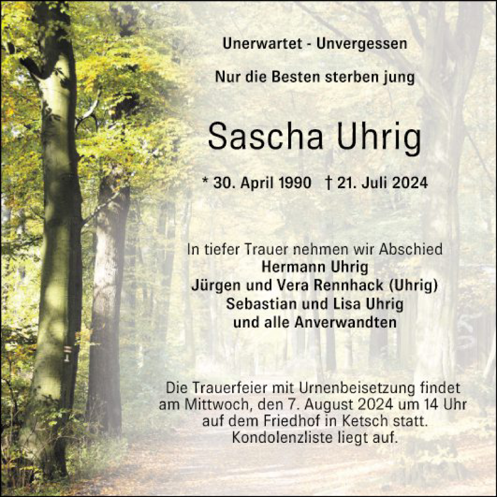  Traueranzeige für Sascha Uhrig vom 27.07.2024 aus Schwetzinger Zeitung