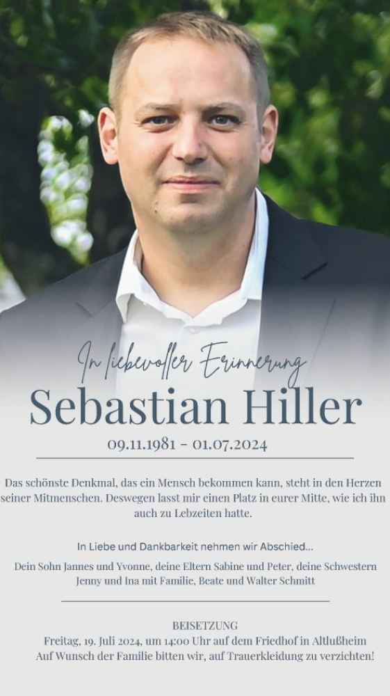  Traueranzeige für Sebastian Hiller vom 15.07.2024 aus Schwetzinger Zeitung