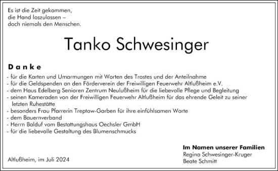 Traueranzeige von Tanko Schwesinger von Schwetzinger Zeitung