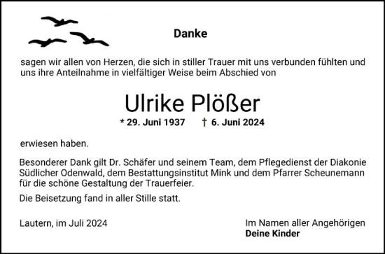 Traueranzeige von Ulrike Plößer von Bergsträßer Anzeiger