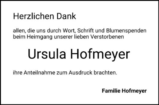 Traueranzeige von Ursula Hofmeyer von Bergsträßer Anzeiger