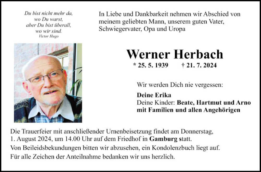  Traueranzeige für Werner Herbach vom 27.07.2024 aus Fränkische Nachrichten