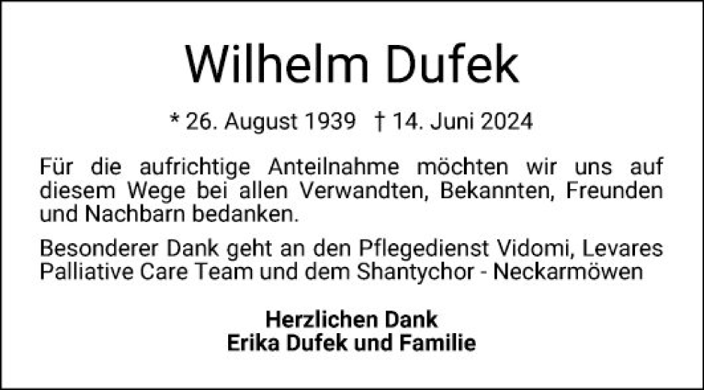  Traueranzeige für Wilhelm Dufek vom 20.07.2024 aus Mannheimer Morgen