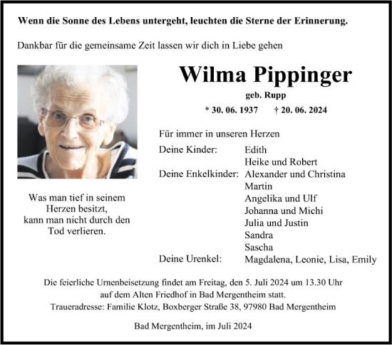 Traueranzeige von Wilma Pippinger von Fränkische Nachrichten