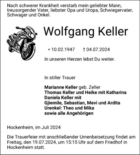 Traueranzeige von Wolfgang Keller von Schwetzinger Zeitung