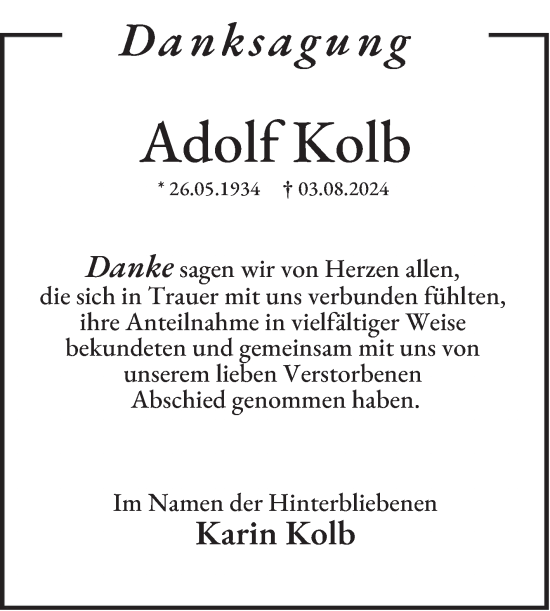 Traueranzeige von Adolf Kolb von Schwetzinger Zeitung