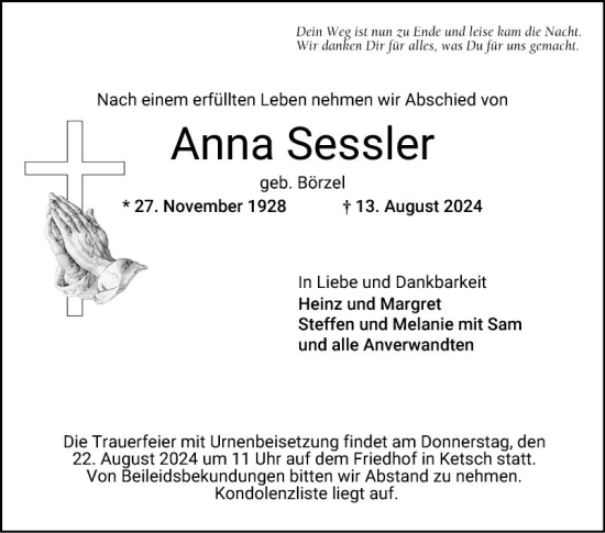 Traueranzeige von Anna Sessler von Schwetzinger Zeitung