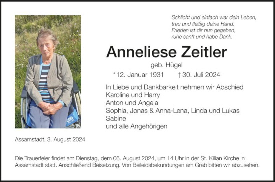 Traueranzeige von Anneliese Zeitler von Fränkische Nachrichten