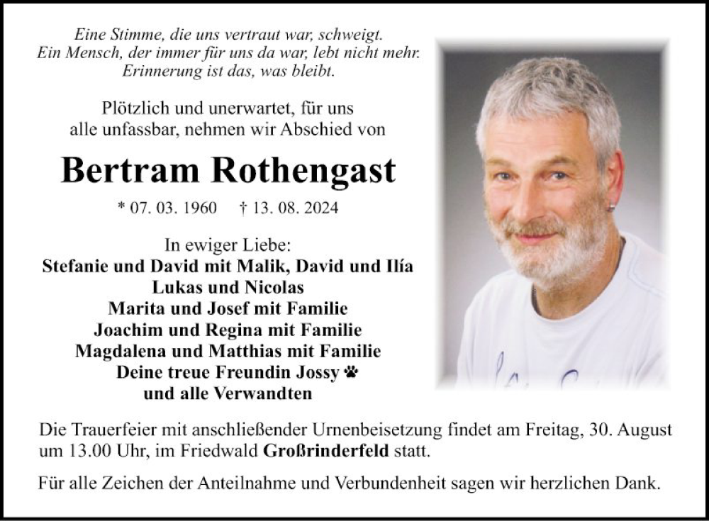  Traueranzeige für Bertram Rothengast vom 24.08.2024 aus Fränkische Nachrichten