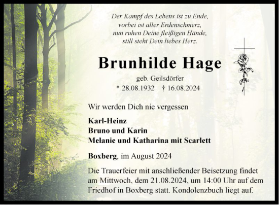 Traueranzeige von Brunhilde Hage von Fränkische Nachrichten