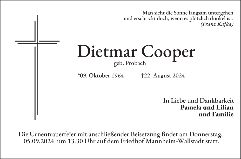  Traueranzeige für Dietmar Cooper vom 31.08.2024 aus Mannheimer Morgen