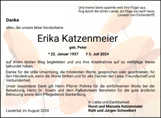 Traueranzeige von Erika Katzenmeier von Bergsträßer Anzeiger