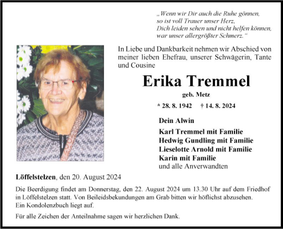 Traueranzeige von Erika Tremmel von Fränkische Nachrichten