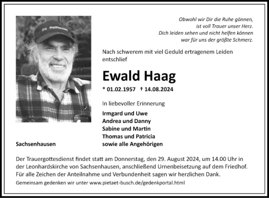 Traueranzeige von Ewald Haag von Fränkische Nachrichten