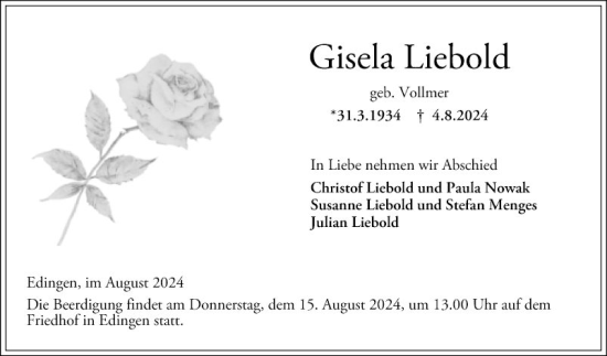 Traueranzeige von Gisela Liebold von Mannheimer Morgen