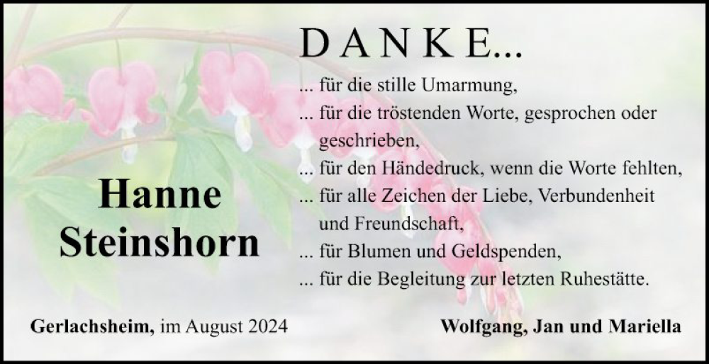  Traueranzeige für Hanne Steinshorn vom 10.08.2024 aus Fränkische Nachrichten