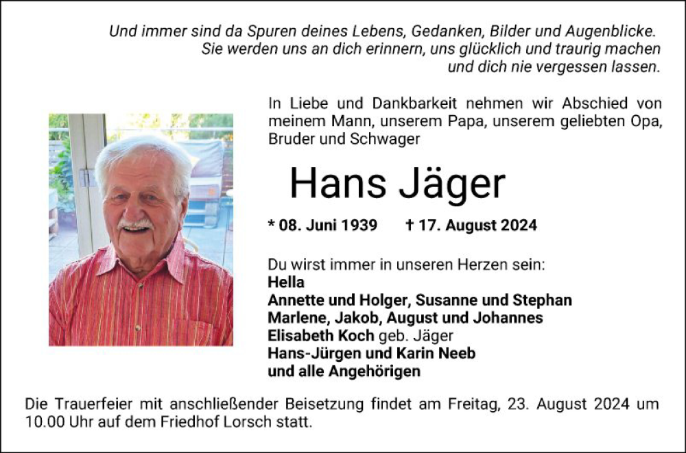  Traueranzeige für Hans Jäger vom 21.08.2024 aus Bergsträßer Anzeiger