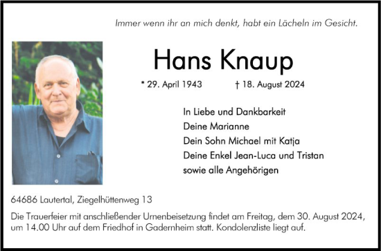 Traueranzeige von Hans Knaup von Bergsträßer Anzeiger