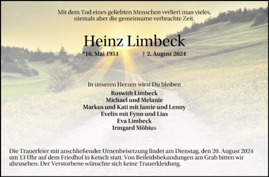 Traueranzeige von Heinz Limbeck von Schwetzinger Zeitung