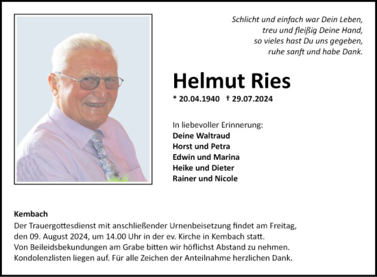 Traueranzeige von Helmut Ries von Fränkische Nachrichten