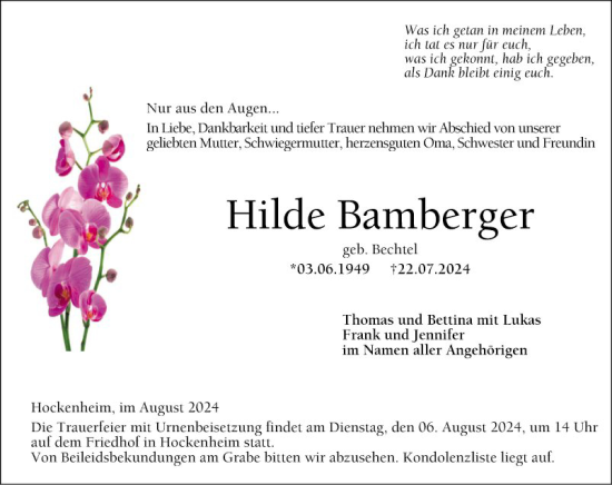 Traueranzeige von Hilde Bamberger von Schwetzinger Zeitung