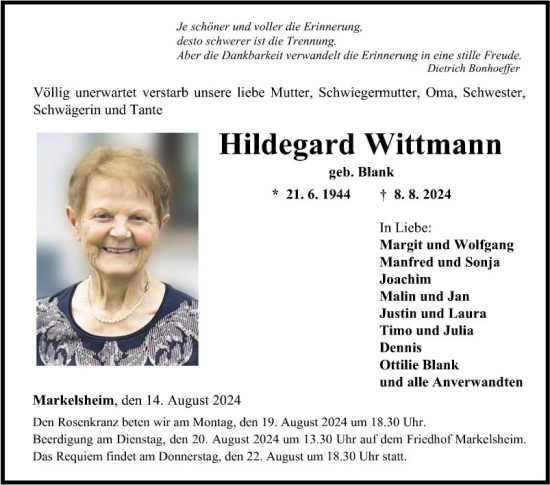 Traueranzeige von Hildegard Wittmann von Fränkische Nachrichten