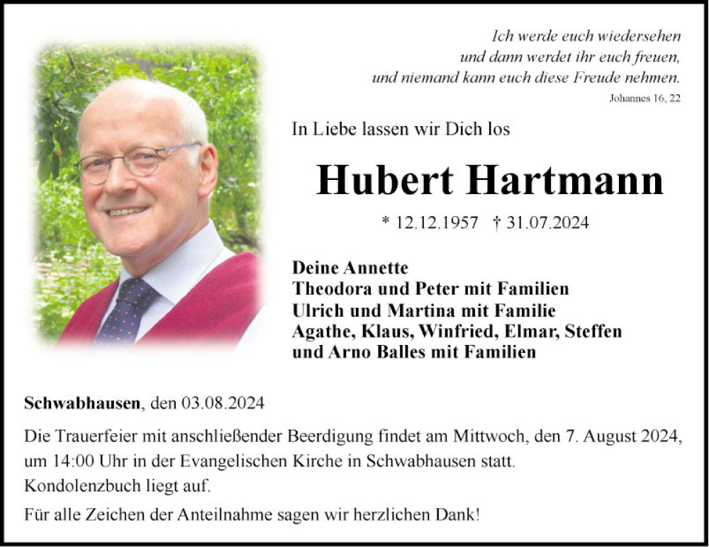  Traueranzeige für Hubert Hartmann vom 03.08.2024 aus Fränkische Nachrichten