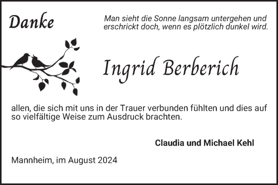 Traueranzeige von Ingrid Berberich von Mannheimer Morgen