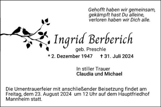 Traueranzeige von Ingrid Berberich von Mannheimer Morgen