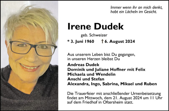 Traueranzeige von Irene Dudek von Schwetzinger Zeitung