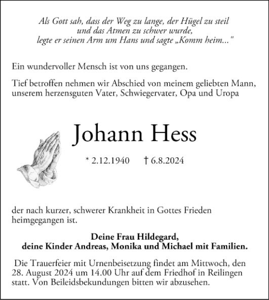 Traueranzeige von Johann Hess von Schwetzinger Zeitung