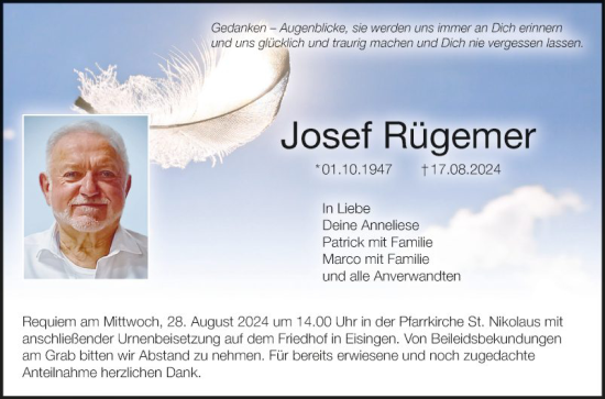 Traueranzeige von Josef Rügemer von Fränkische Nachrichten