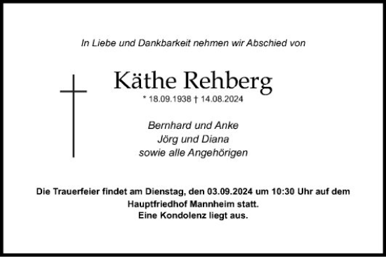 Traueranzeige von Käthe Rehberg von Mannheimer Morgen