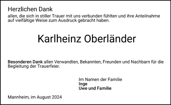 Traueranzeige von Karlheinz Oberländer von Mannheimer Morgen