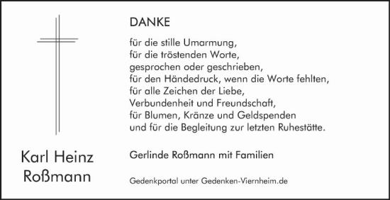 Traueranzeige von Karl Heinz Roßmann von Mannheimer Morgen