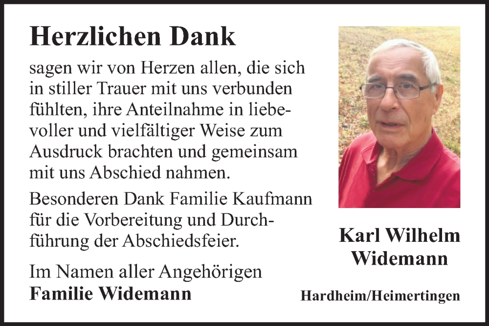  Traueranzeige für Karl Wilhelm Widemann vom 31.08.2024 aus Fränkische Nachrichten