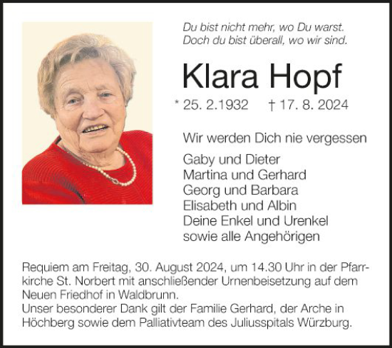 Traueranzeige von Klara Hopf von Fränkische Nachrichten