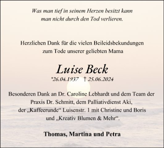 Traueranzeige von Luise Beck von Schwetzinger Zeitung