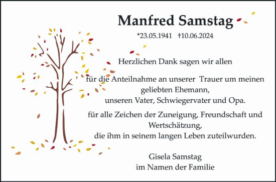 Traueranzeige von Manfred Samstag von Mannheimer Morgen