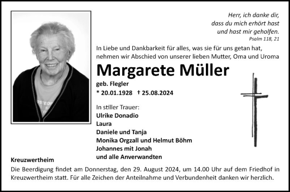  Traueranzeige für Margarete Müller vom 28.08.2024 aus Fränkische Nachrichten