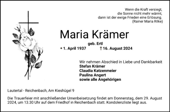 Traueranzeige von Maria Krämer von Bergsträßer Anzeiger