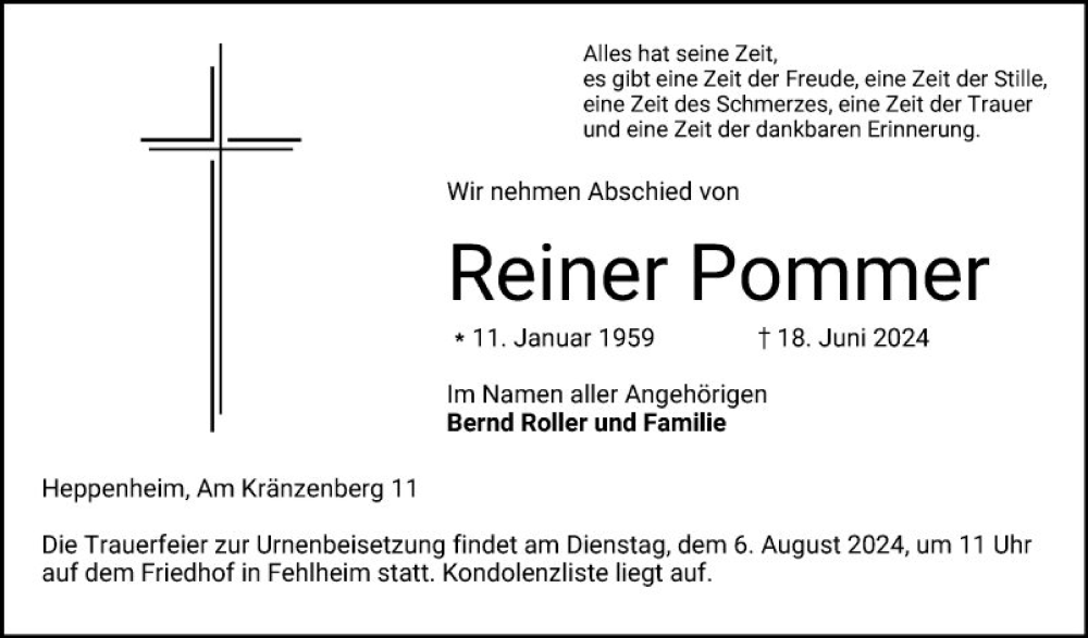  Traueranzeige für Reiner Pommer vom 03.08.2024 aus Bergsträßer Anzeiger