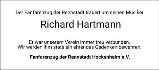 Traueranzeige von Richard Hartmann von Schwetzinger Zeitung