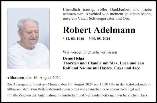 Traueranzeige von Robert Adelmann von Fränkische Nachrichten