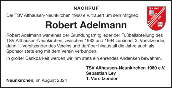 Traueranzeige von Robert Adelmann von Fränkische Nachrichten