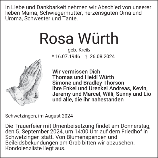 Traueranzeige von Rosa Würth von Schwetzinger Zeitung