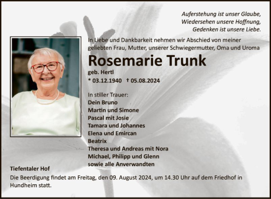 Traueranzeige von Rosemarie Trunk von Fränkische Nachrichten